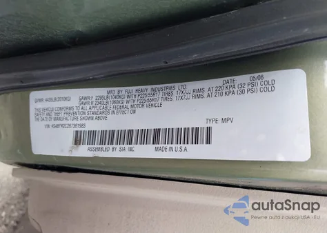 2006 Subaru Outback z USA, uszkodzony, nr VIN 4S4BP62C267361983